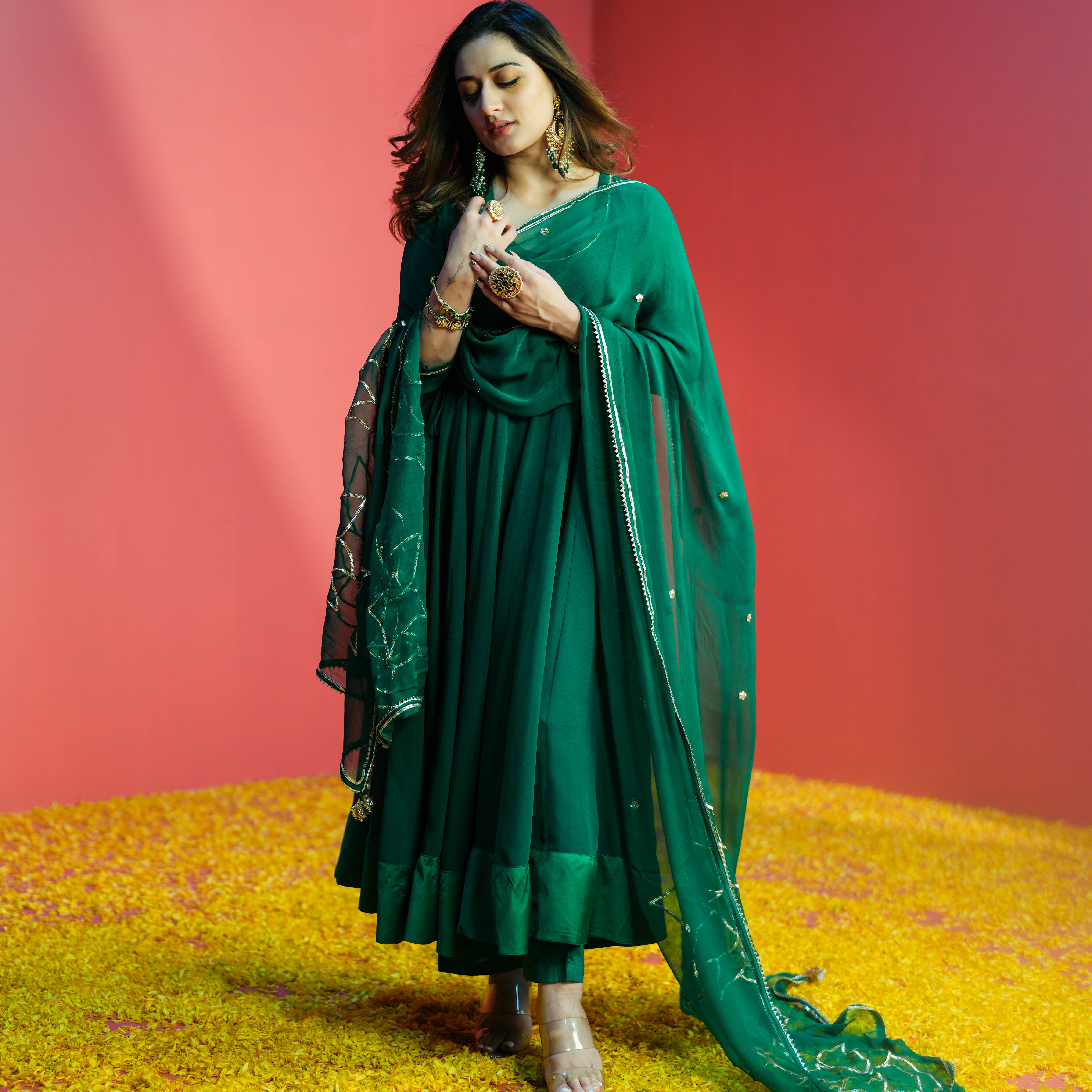 Bunaai Emerald Green Georgette Suit Set