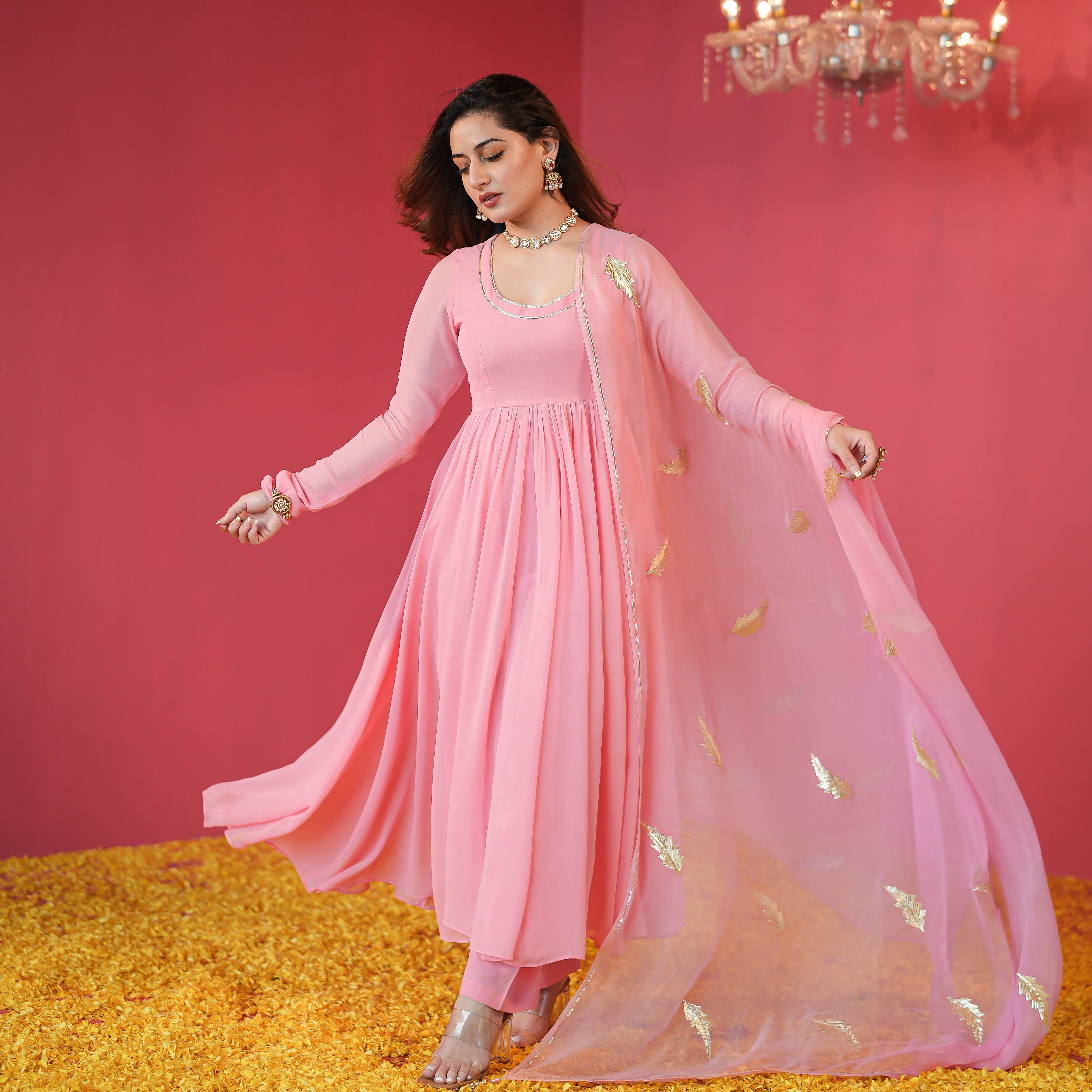 Bunaai Rosy Pink Georgette Suit Set