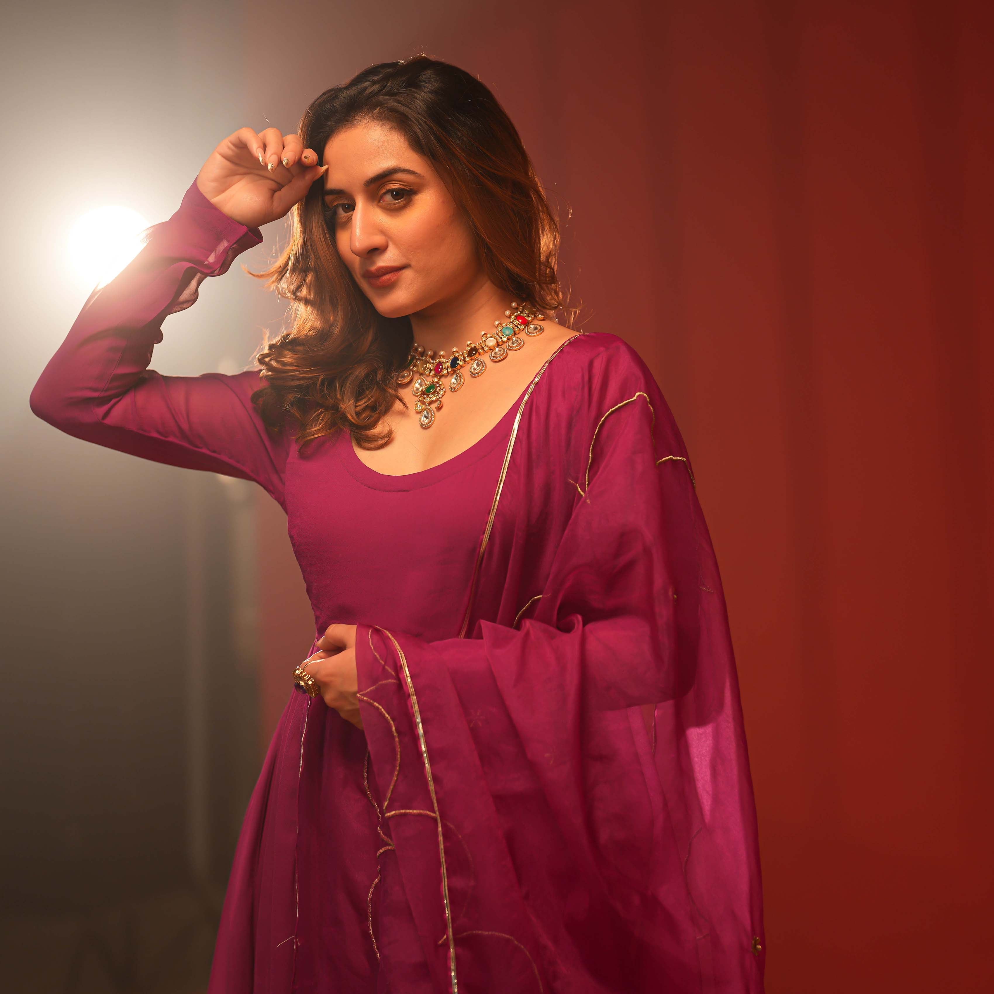 Bunaai Purple Dress with Dupatta