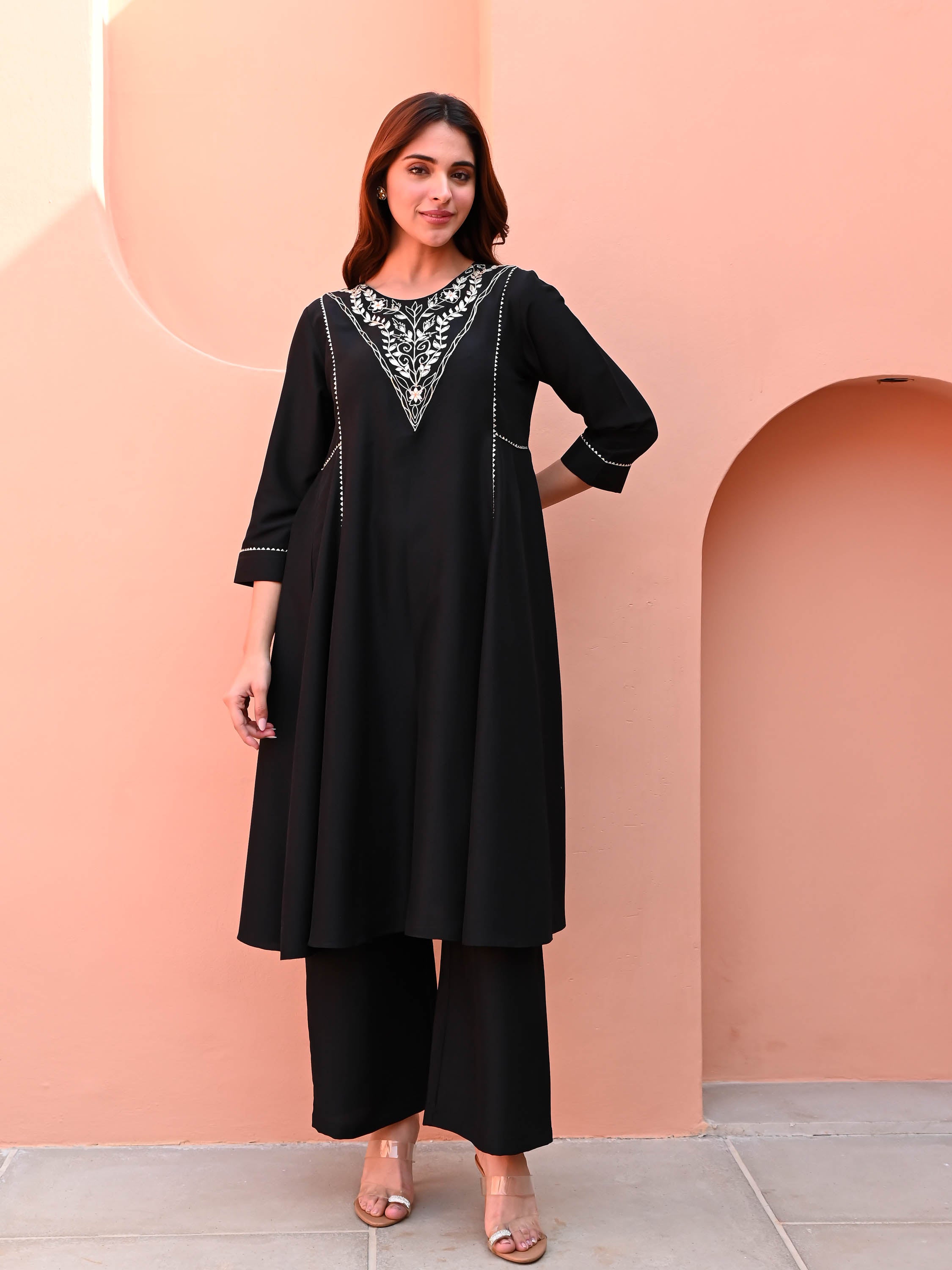 Black Embroidered Silk Kurta Set