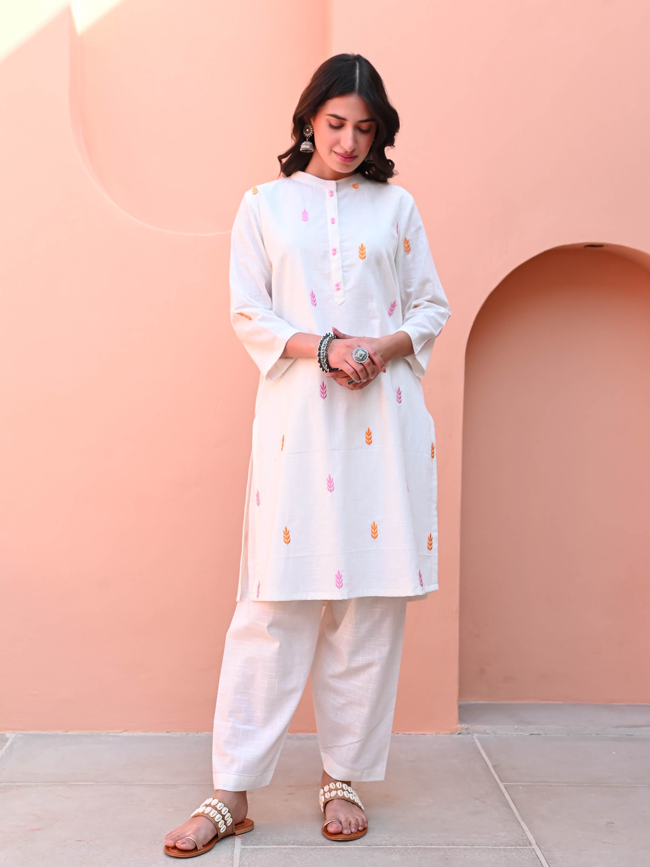 White Motif Embroidery Kurta Set
