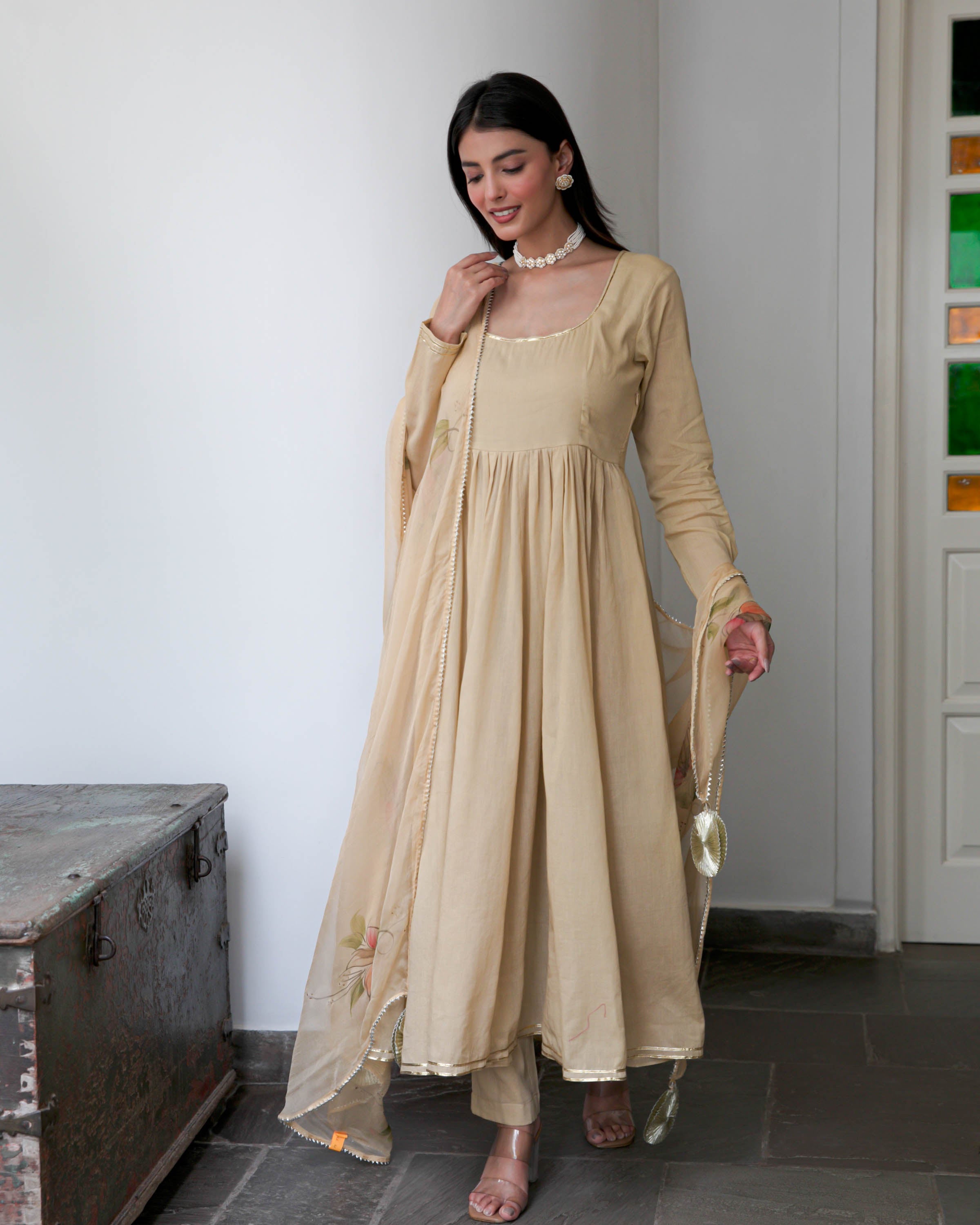 Beige Suit Set with Handpainted Dupatta