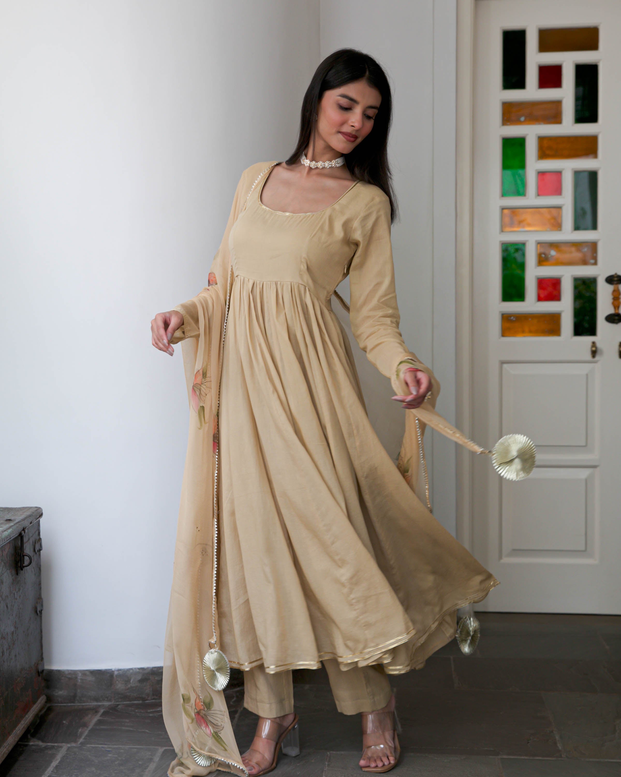 Beige Suit Set with Handpainted Dupatta