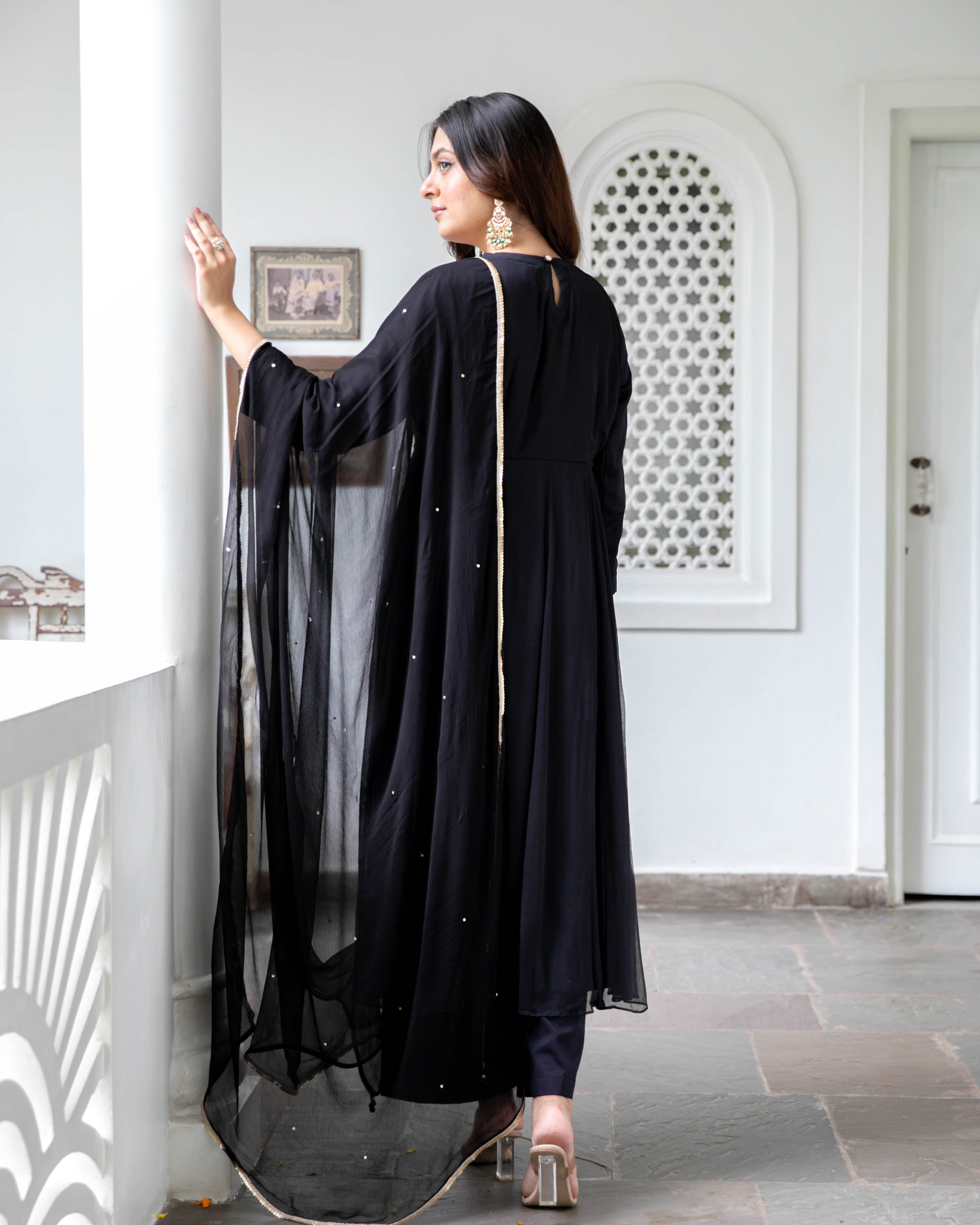 Black Chiffon Sequin Suit Set