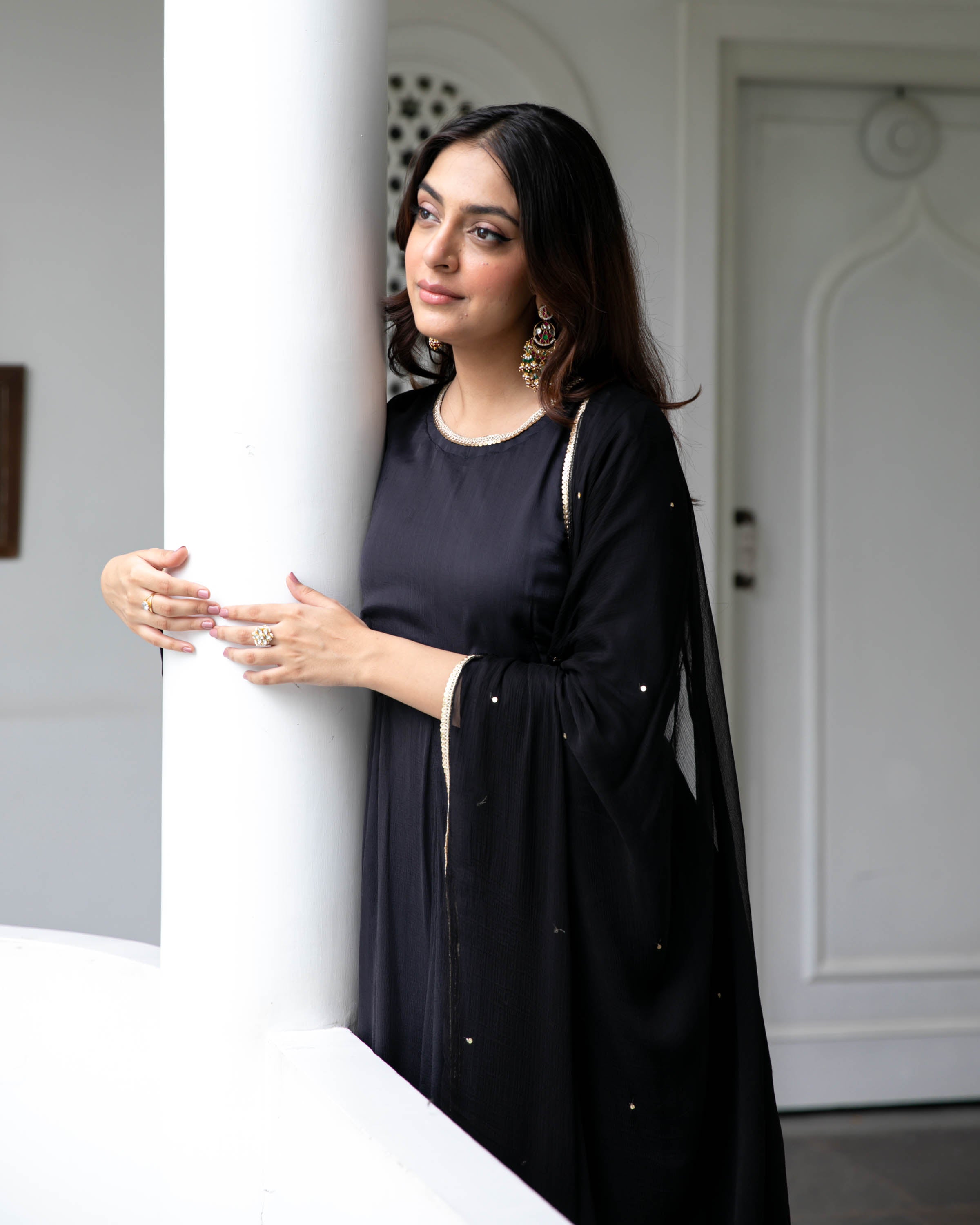 Black Chiffon Sequin Suit Set