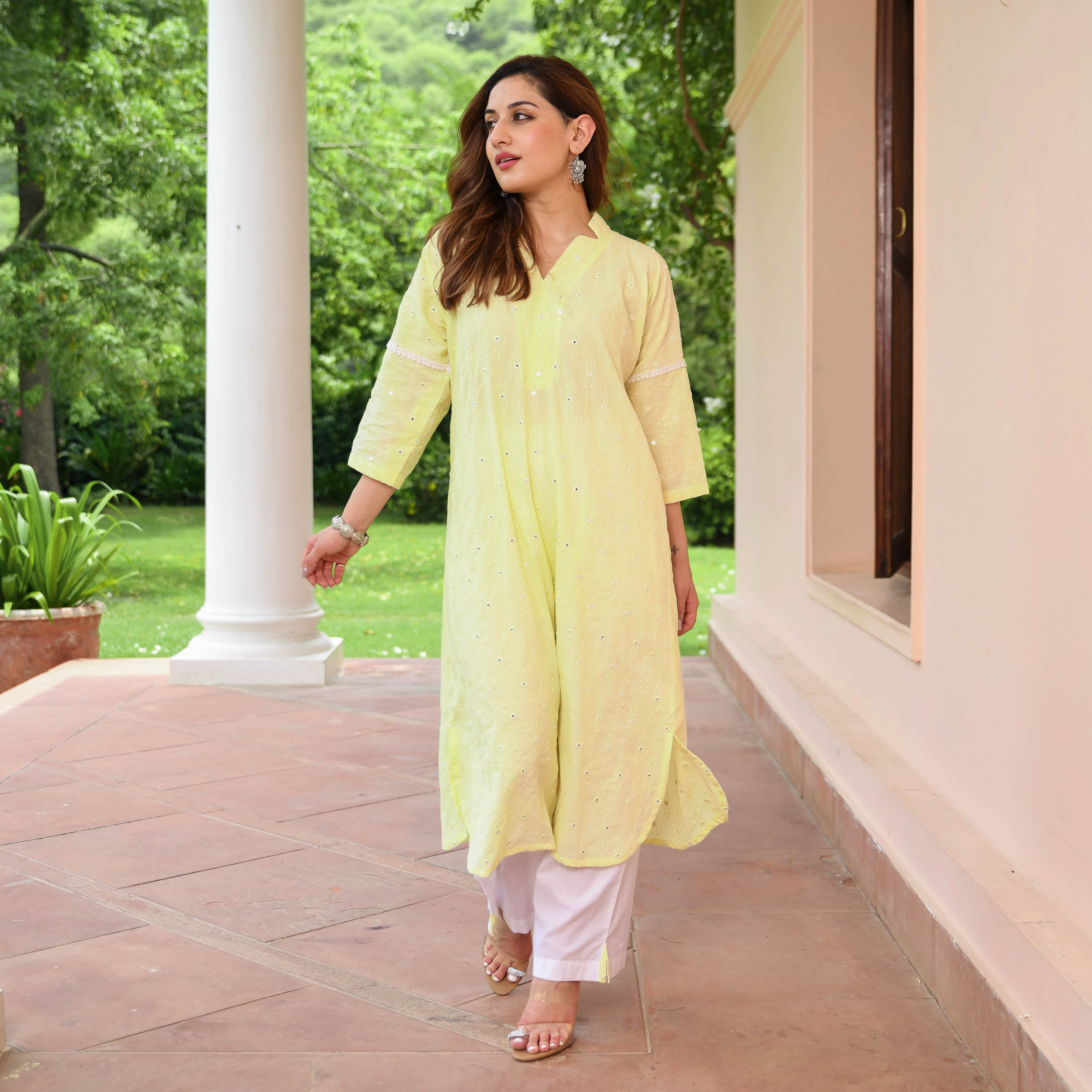 Yellow Embroidered Cotton Kurta Pants