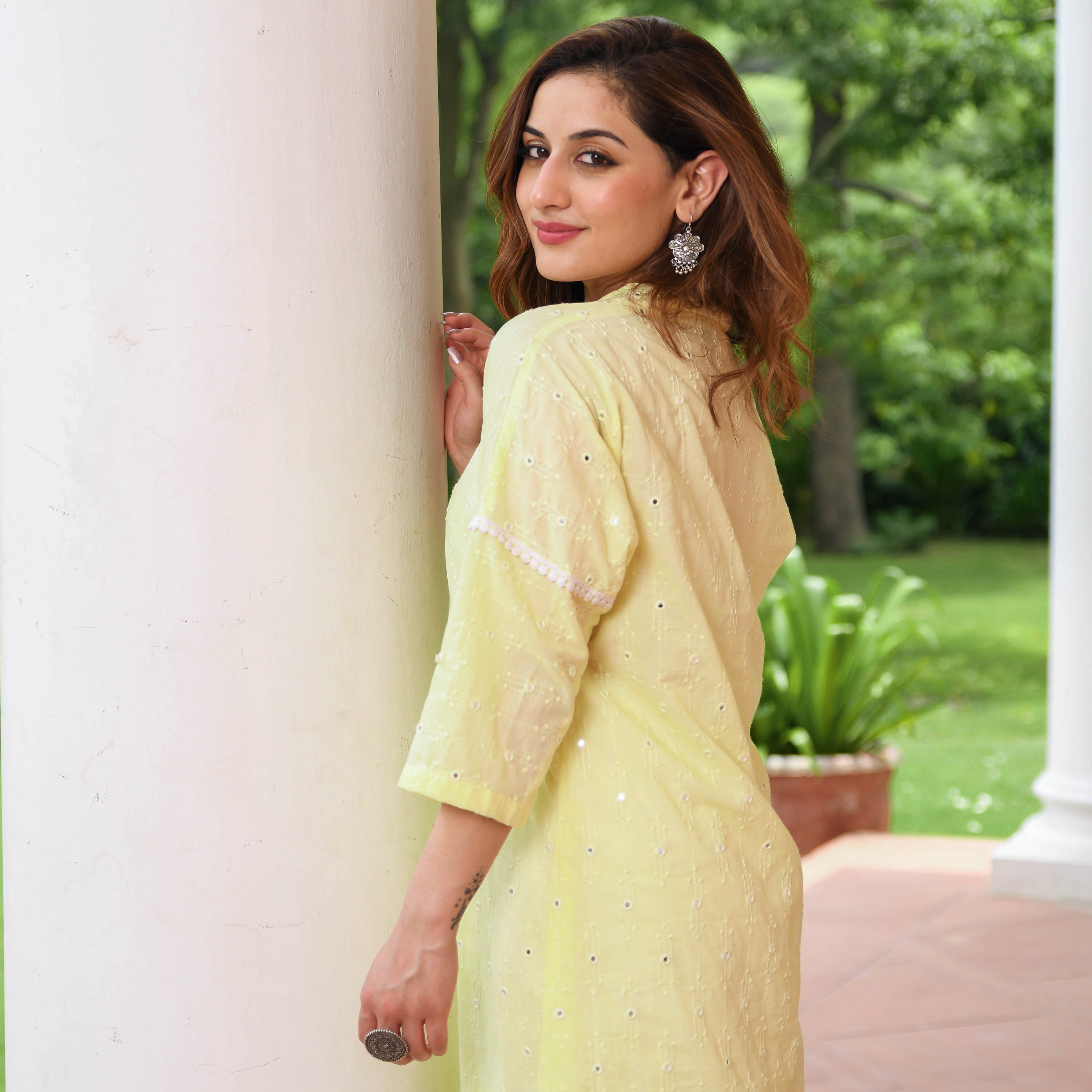 Yellow Embroidered Cotton Kurta Pants