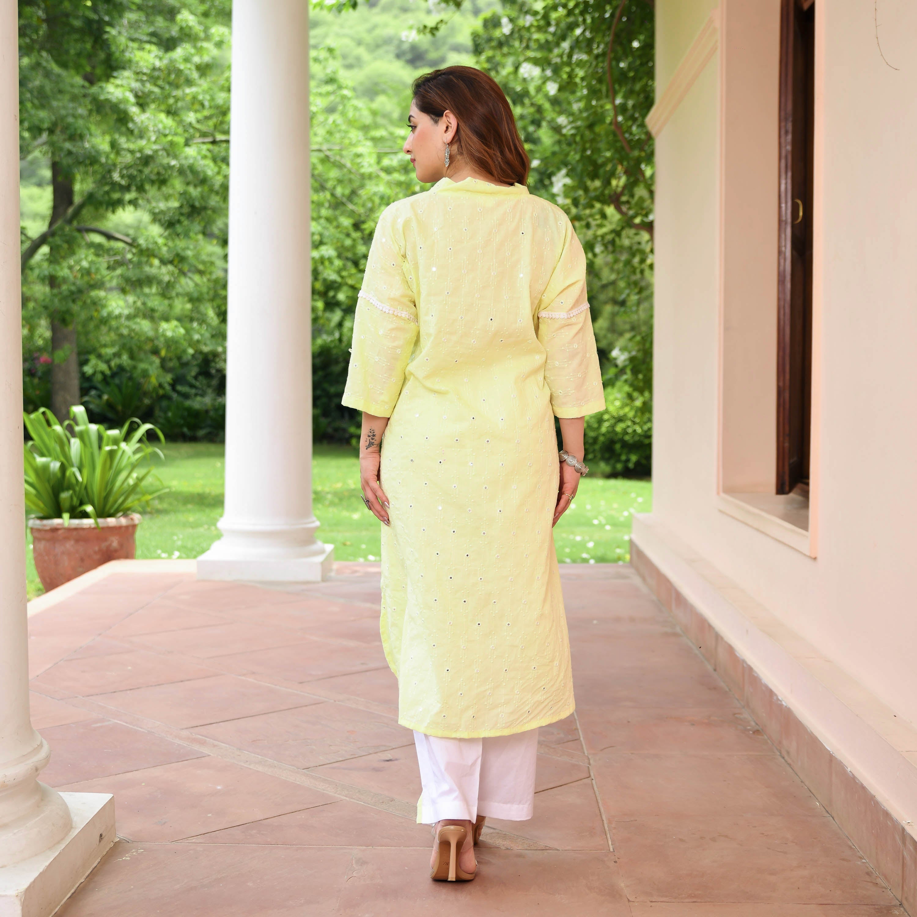 Yellow Embroidered Cotton Kurta Pants