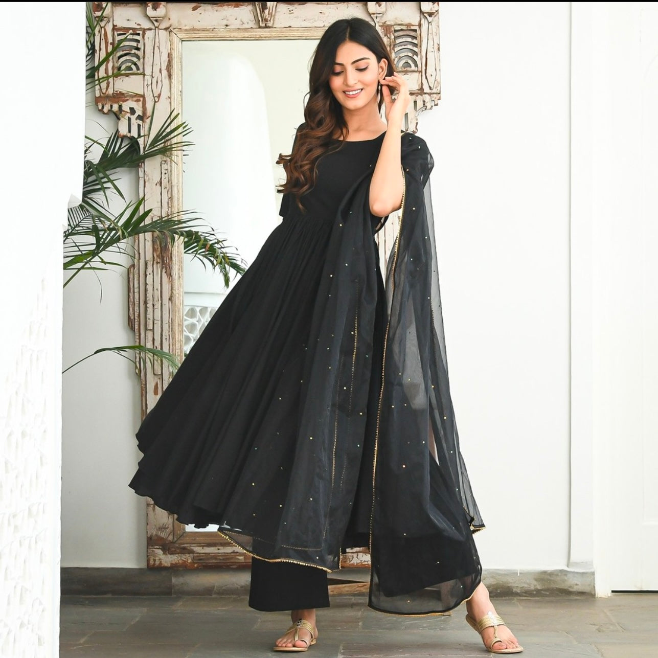 Black Sequin Cotton Suit Set