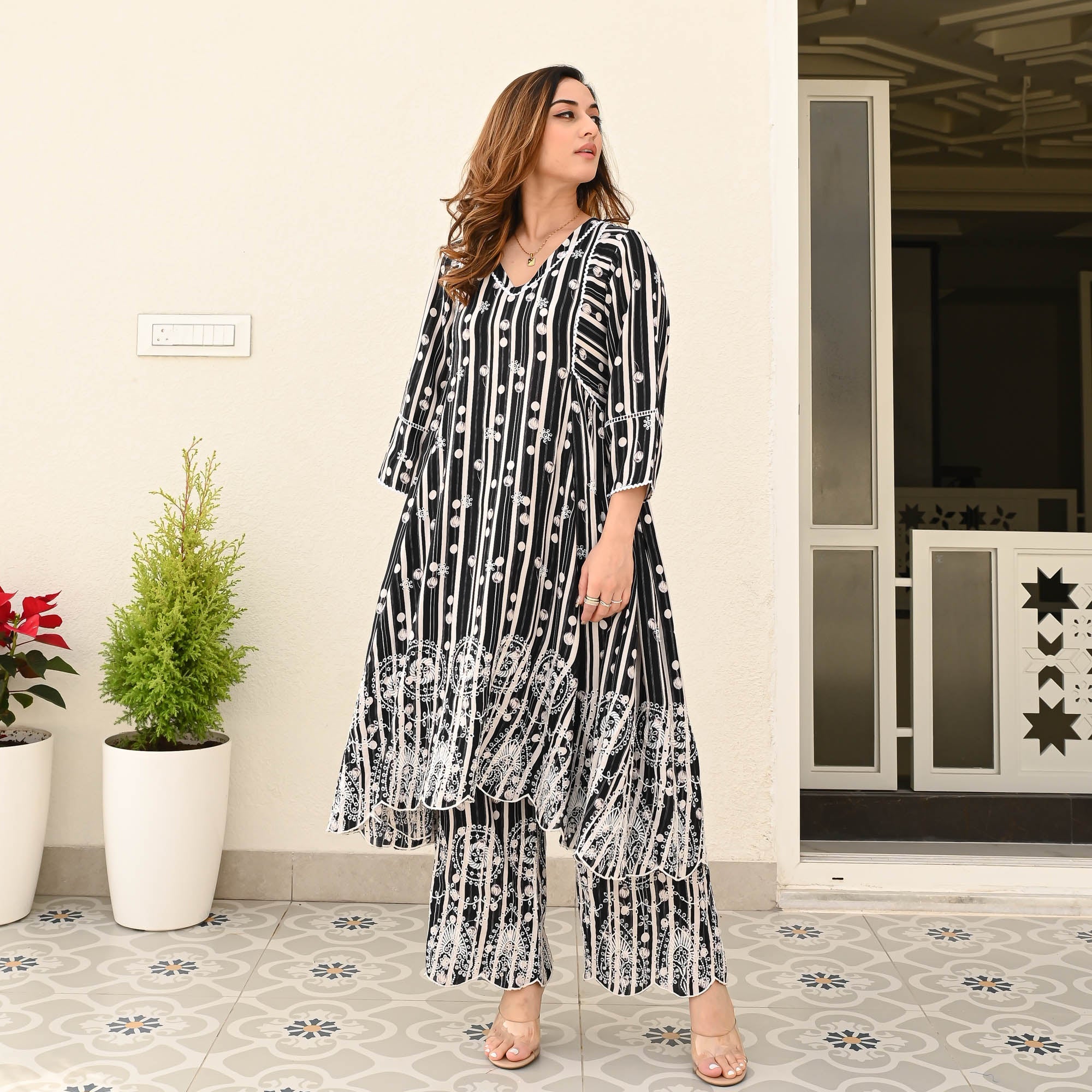 Bunaai Black Floral Schiffli Kurta Set