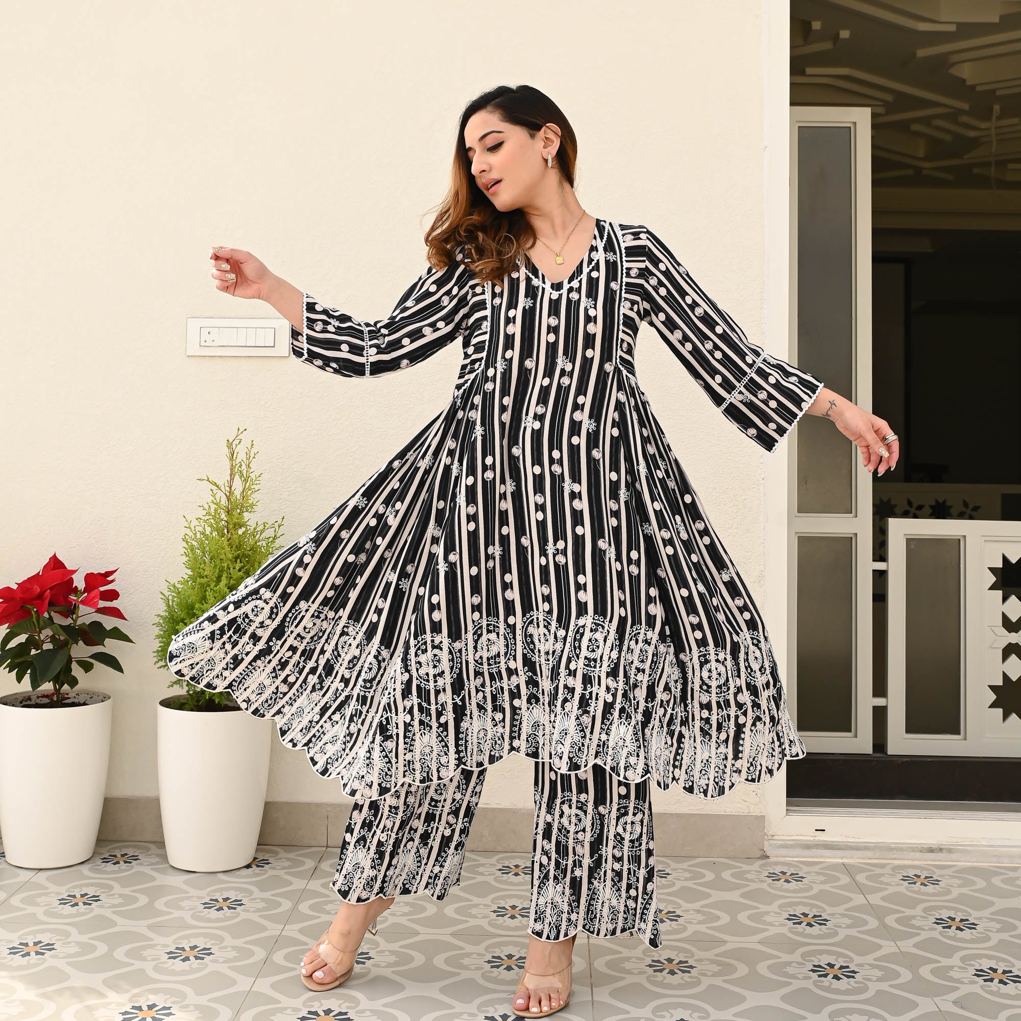 Bunaai Black Floral Schiffli Kurta Set