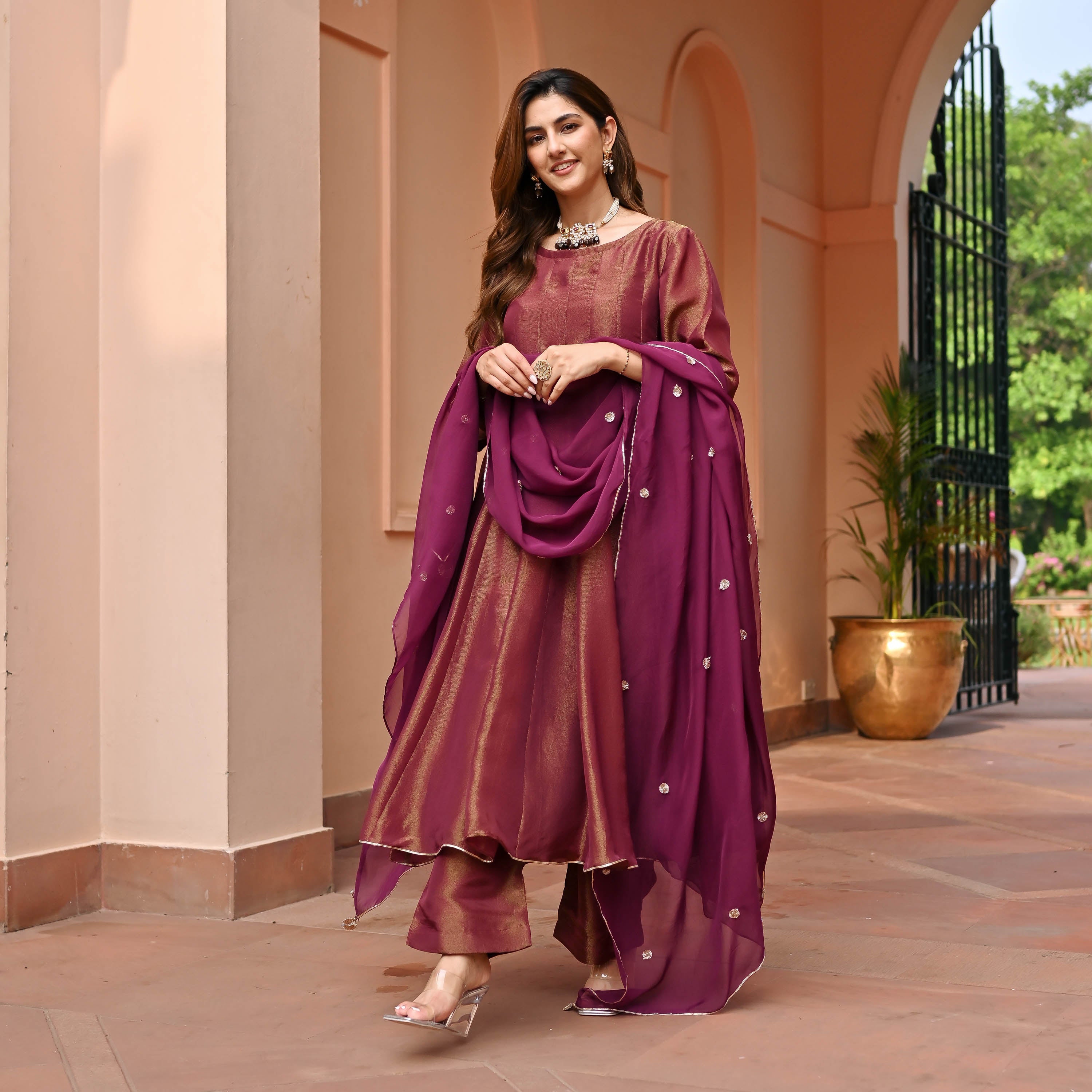 Maroon Tissue Silk Suit Set
