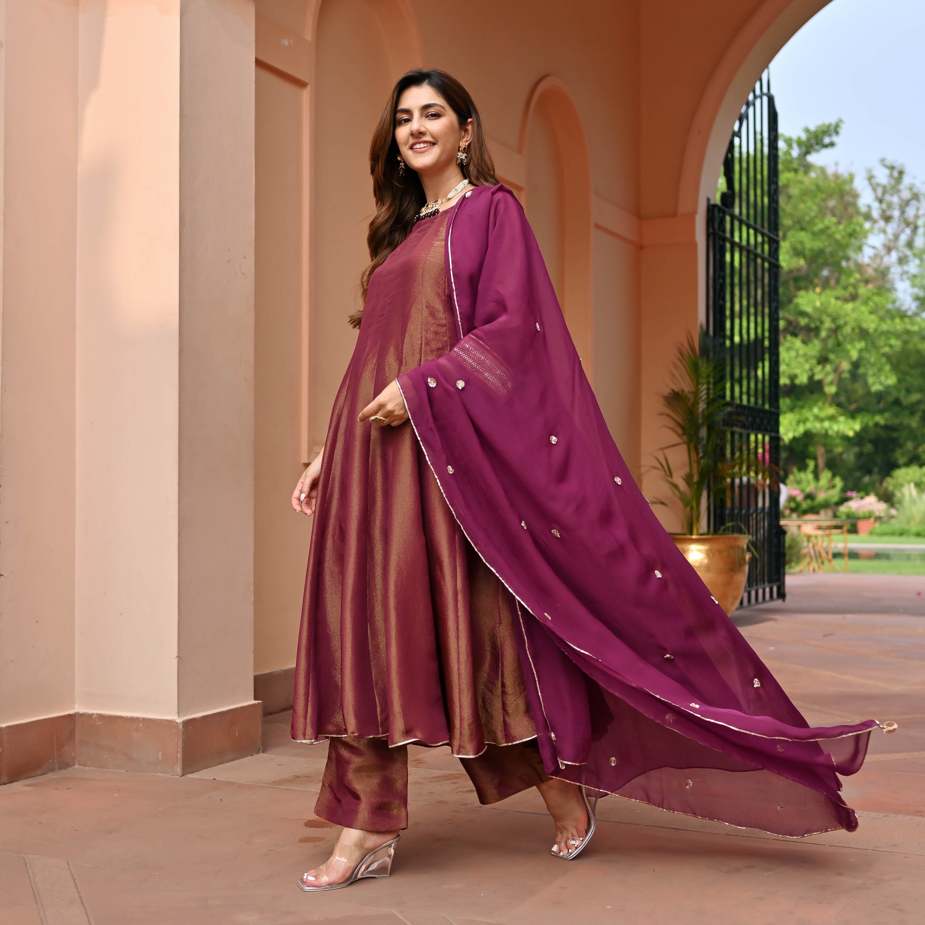 Maroon Tissue Silk Suit Set