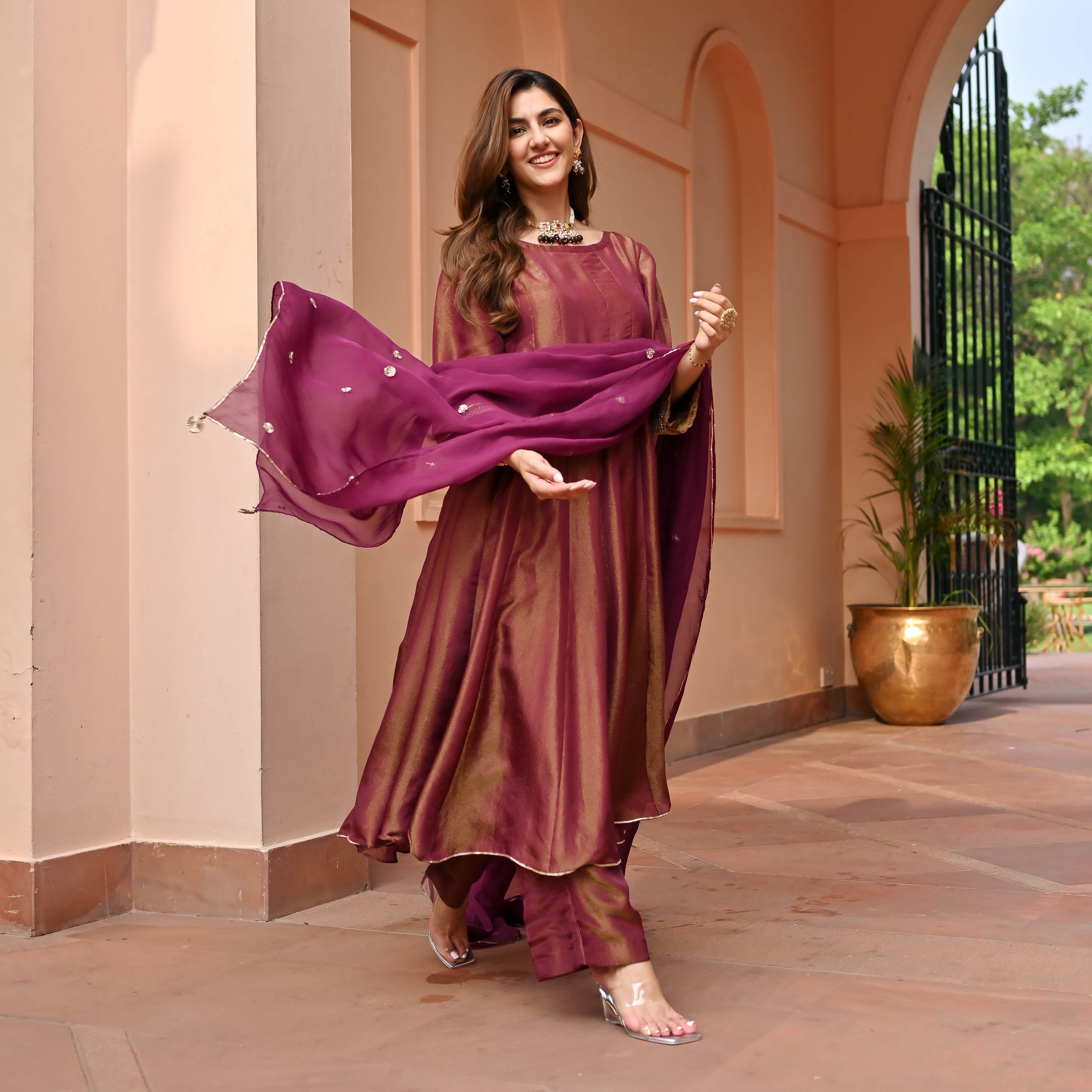 Maroon Tissue Silk Suit Set