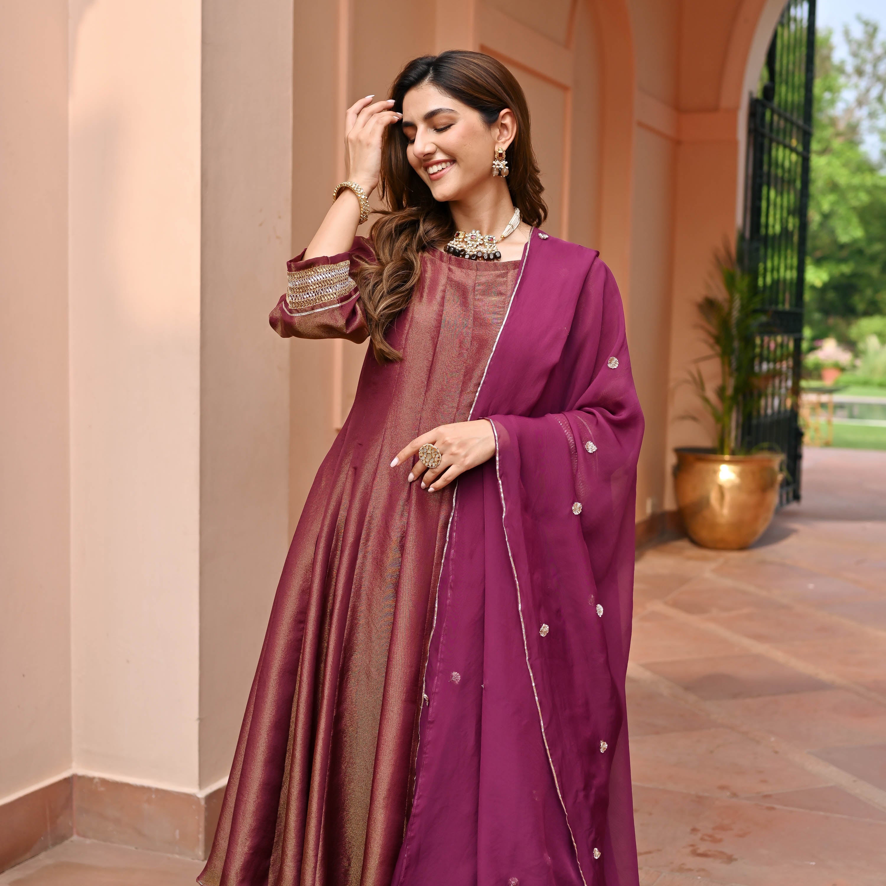 Maroon Tissue Silk Suit Set