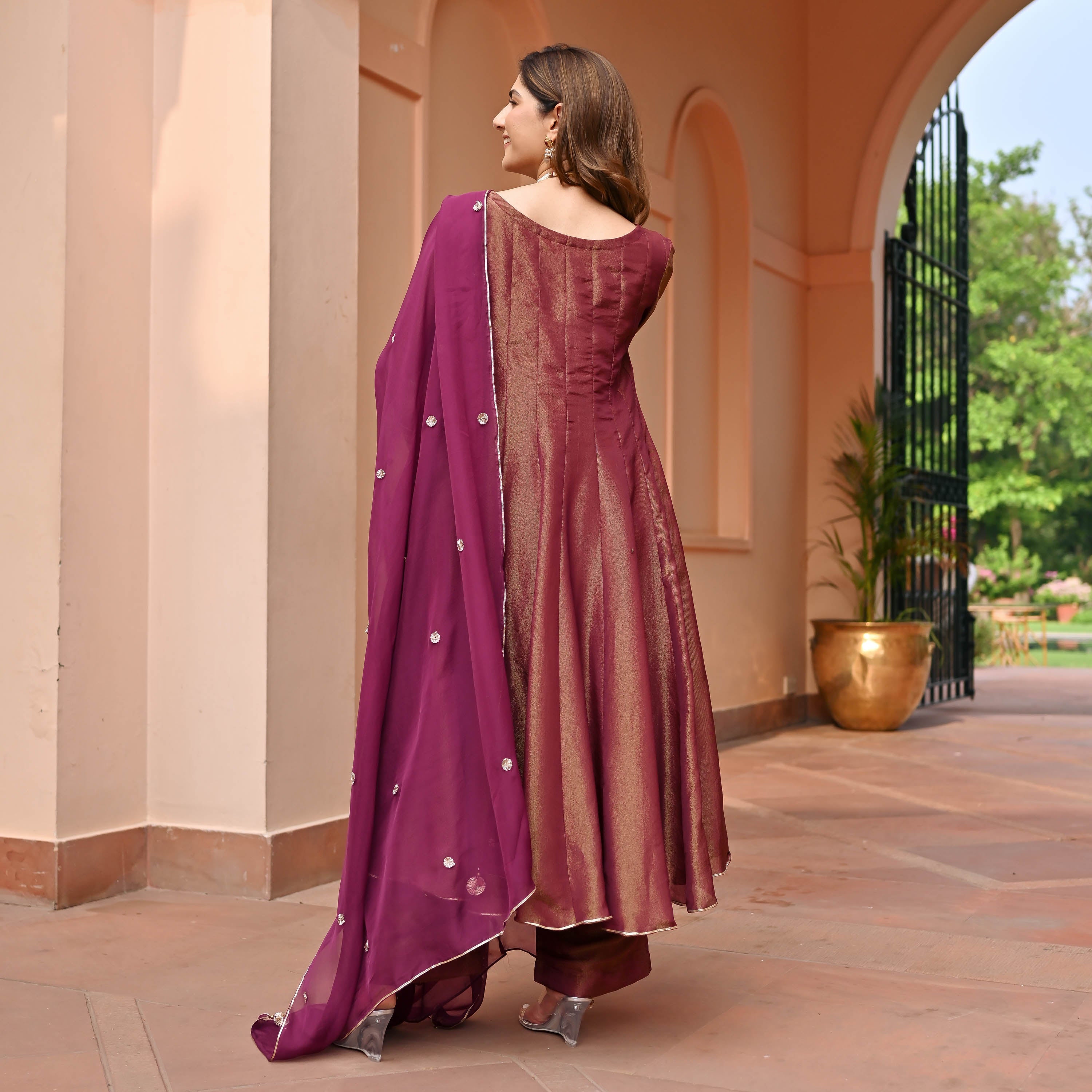 Maroon Tissue Silk Suit Set
