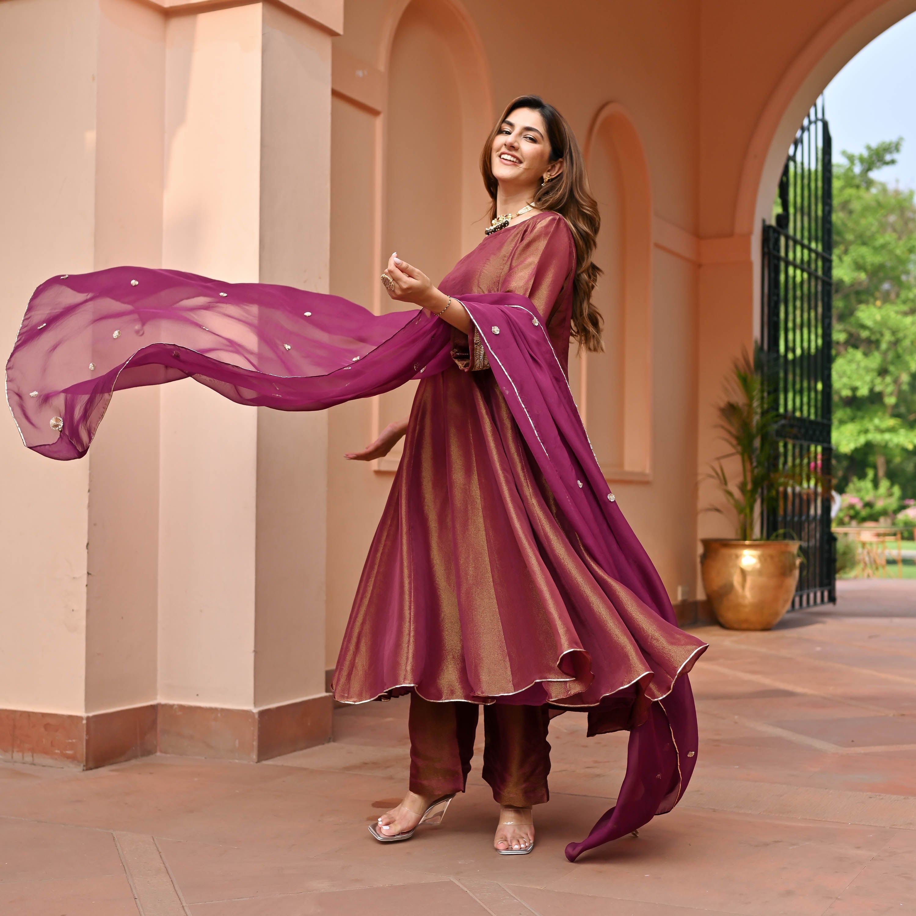 Maroon Tissue Silk Suit Set