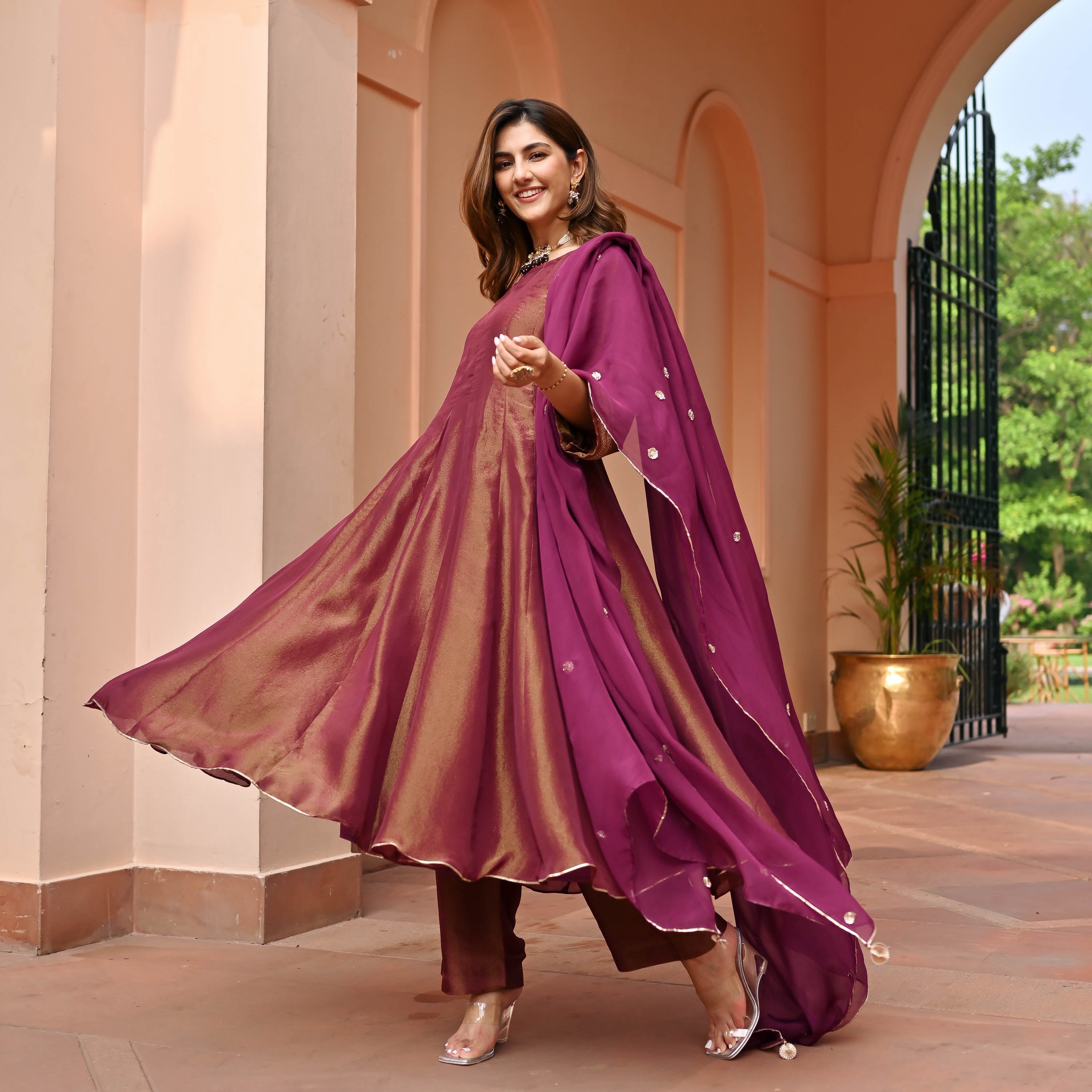 Maroon Tissue Silk Suit Set