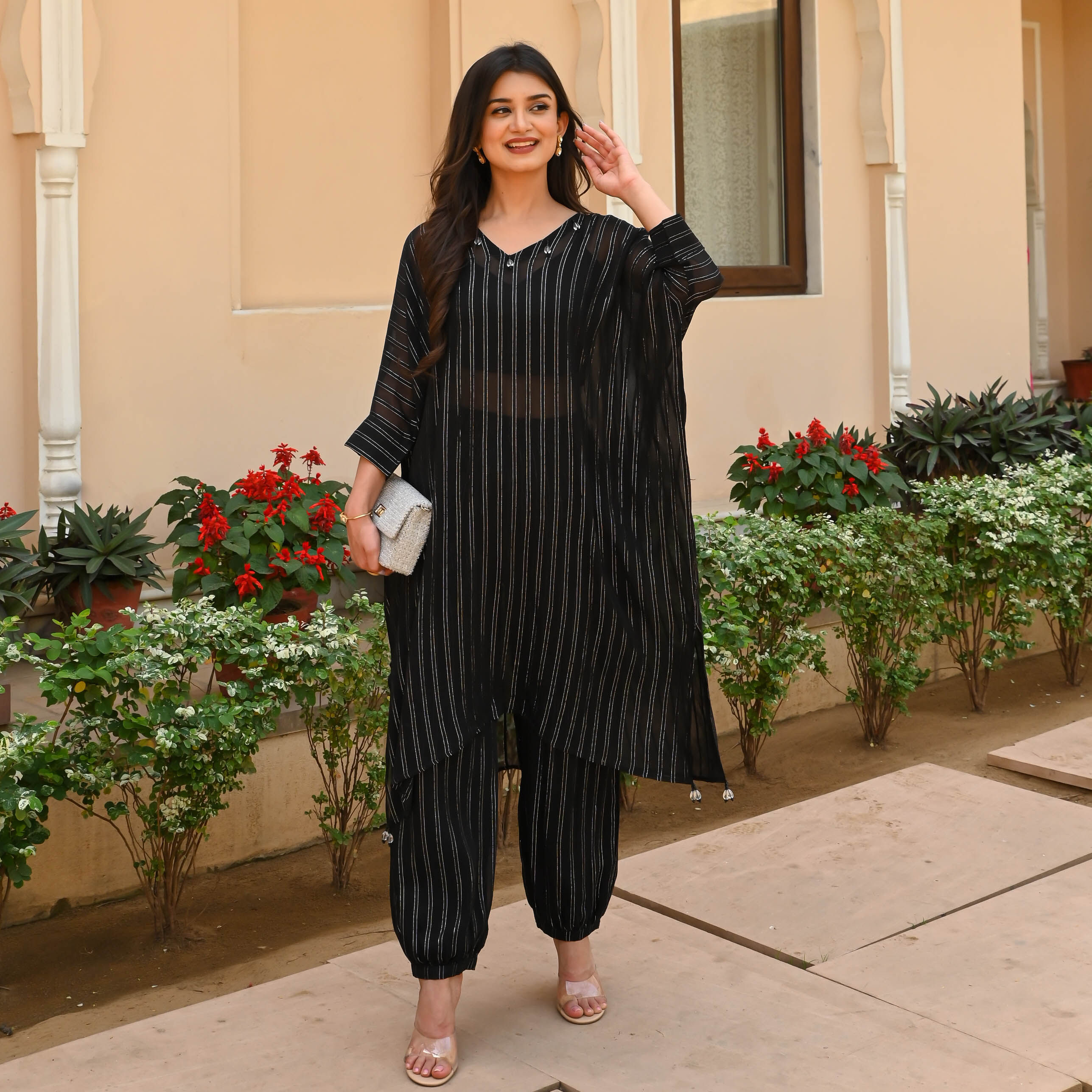 Bunaai Black Silver Lurex Kurta Pants