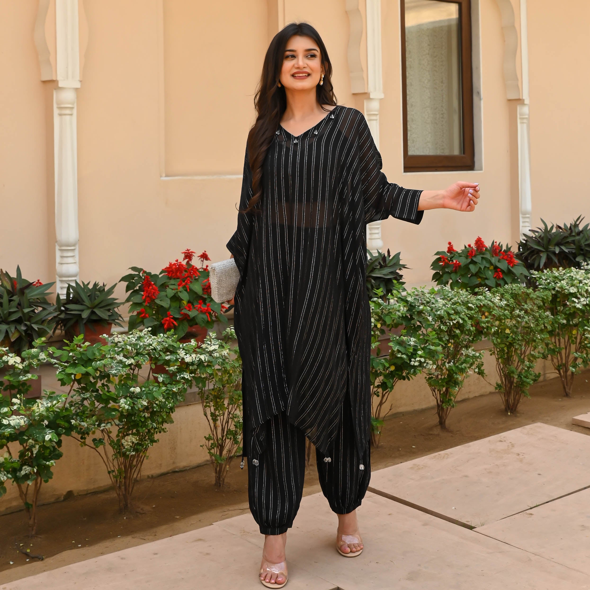 Bunaai Black Silver Lurex Kurta Pants