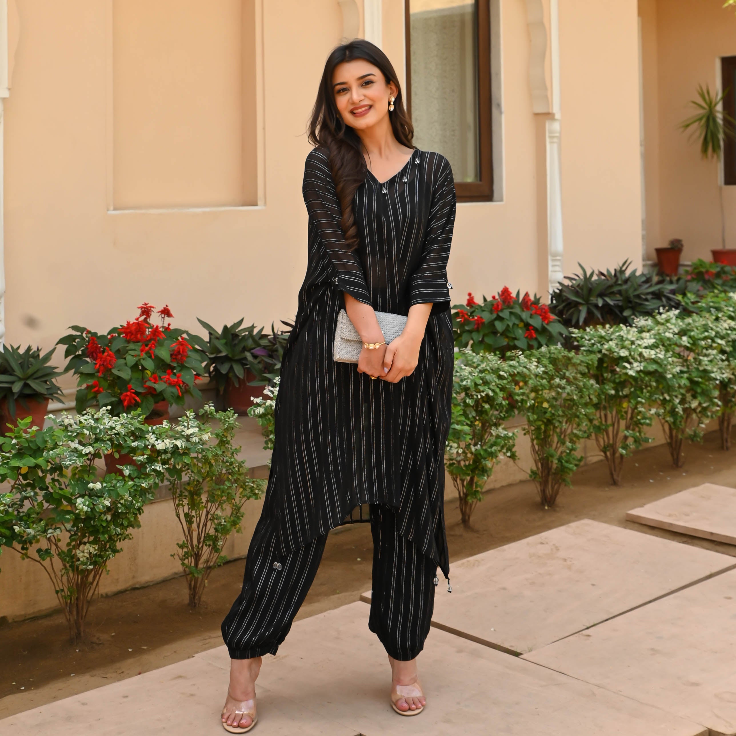 Bunaai Black Silver Lurex Kurta Pants