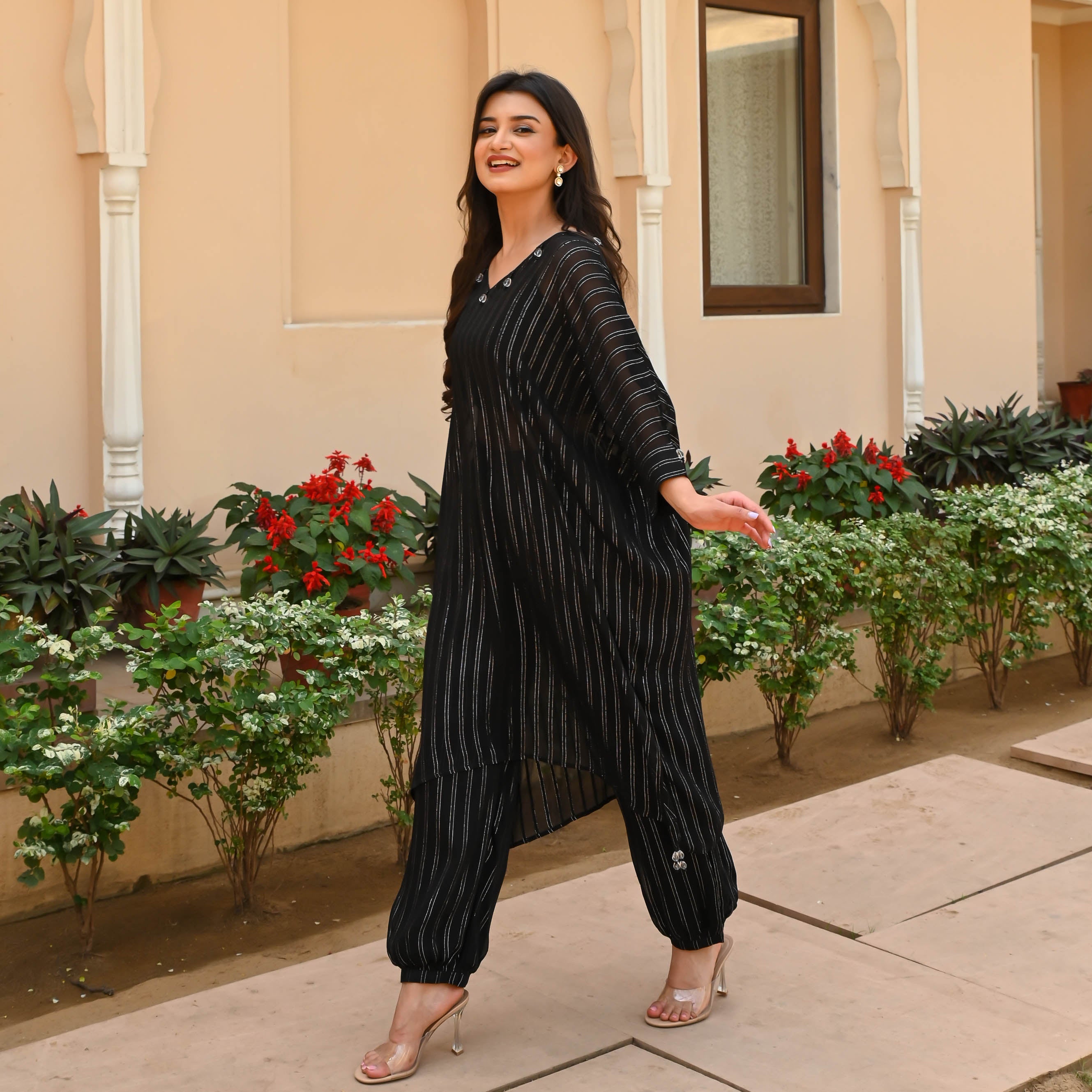 Bunaai Black Silver Lurex Kurta Pants