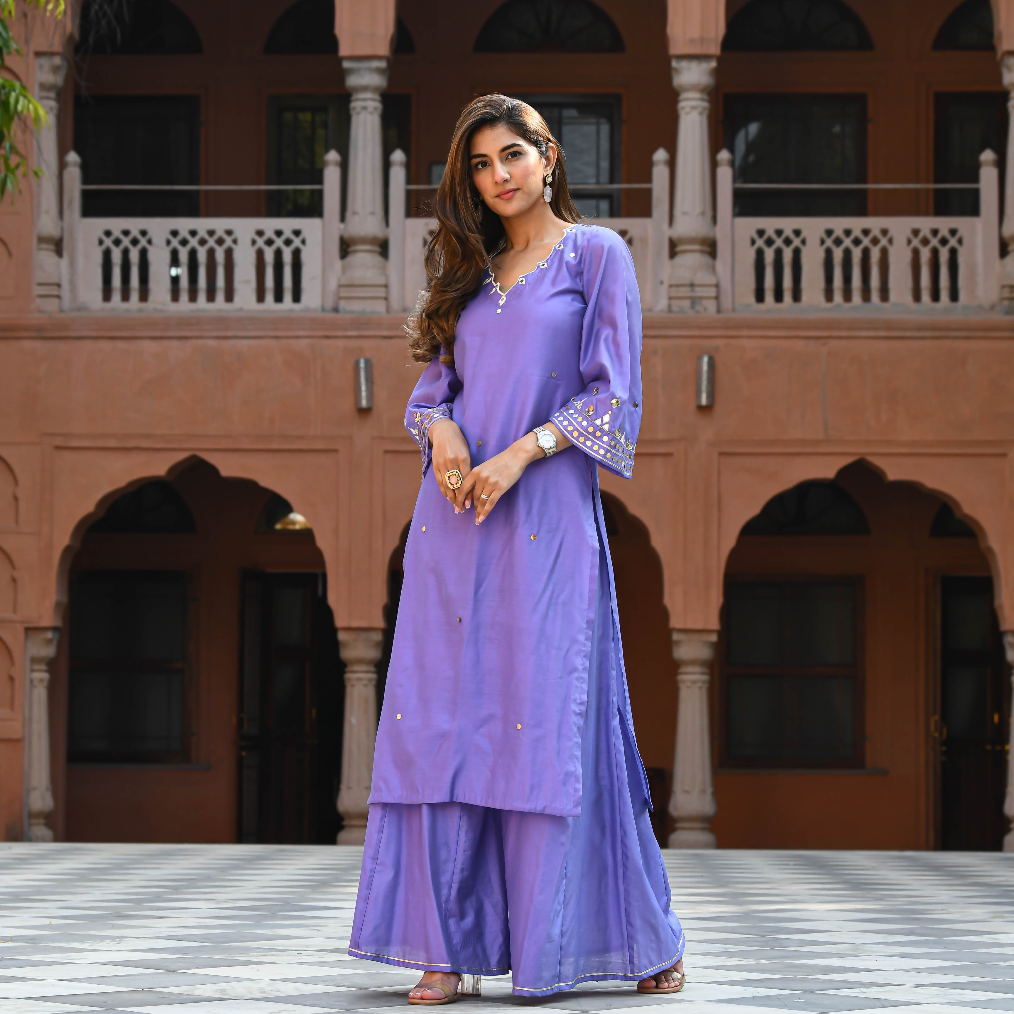 Bunaai Purple Embroidered Kurta & Pants