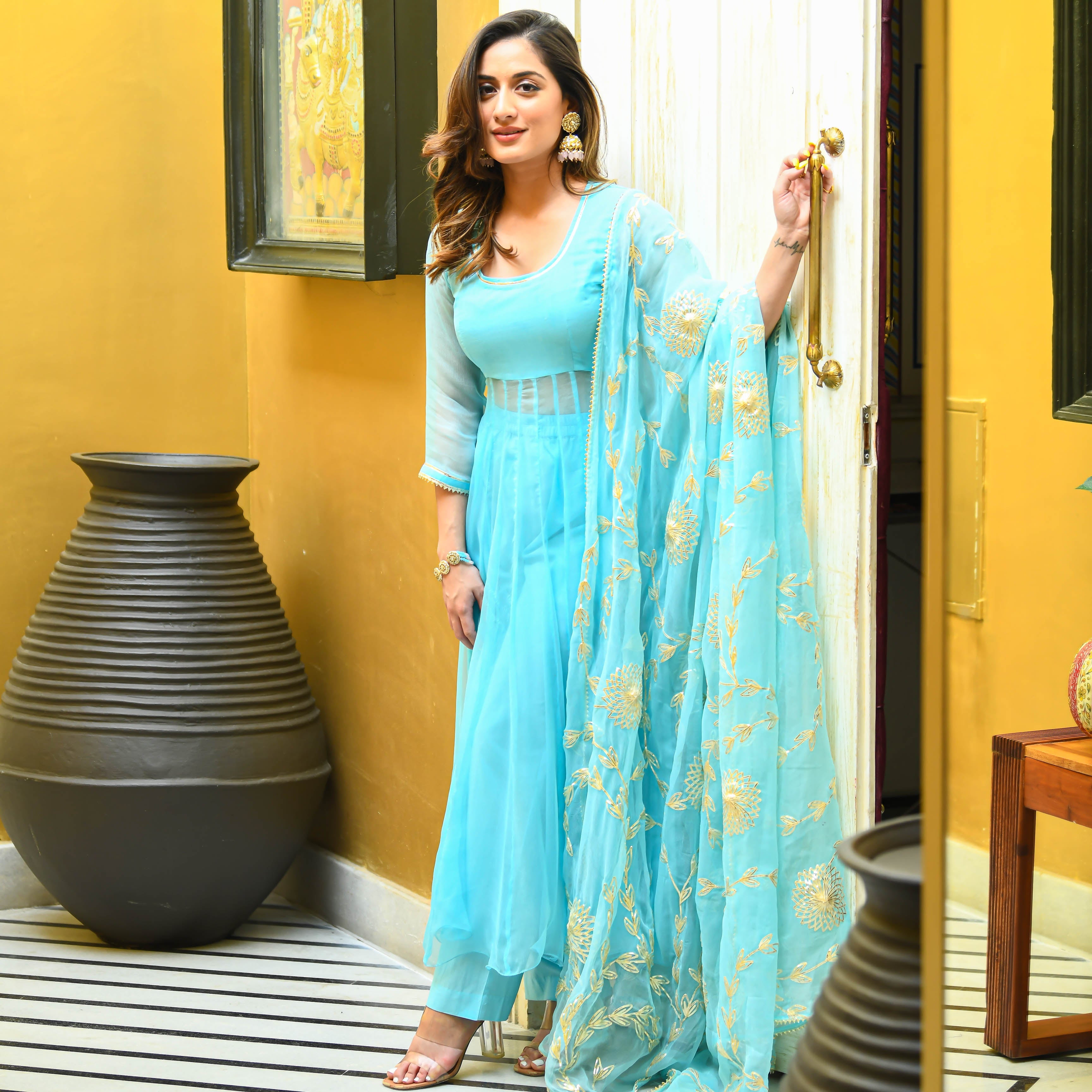 Bunaai Skyblue Gotta Salwar Suit