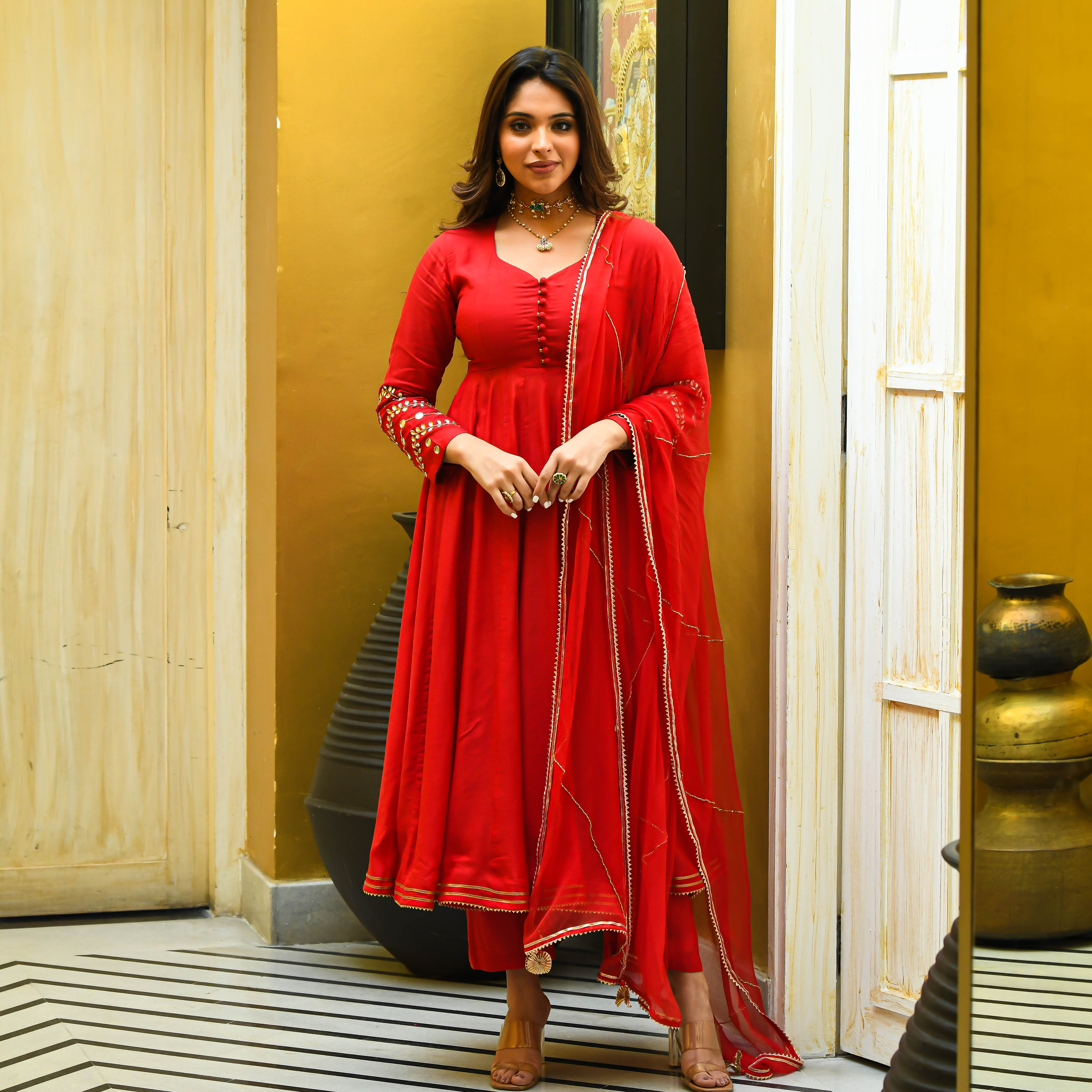 Red Mirror Work Suit Set