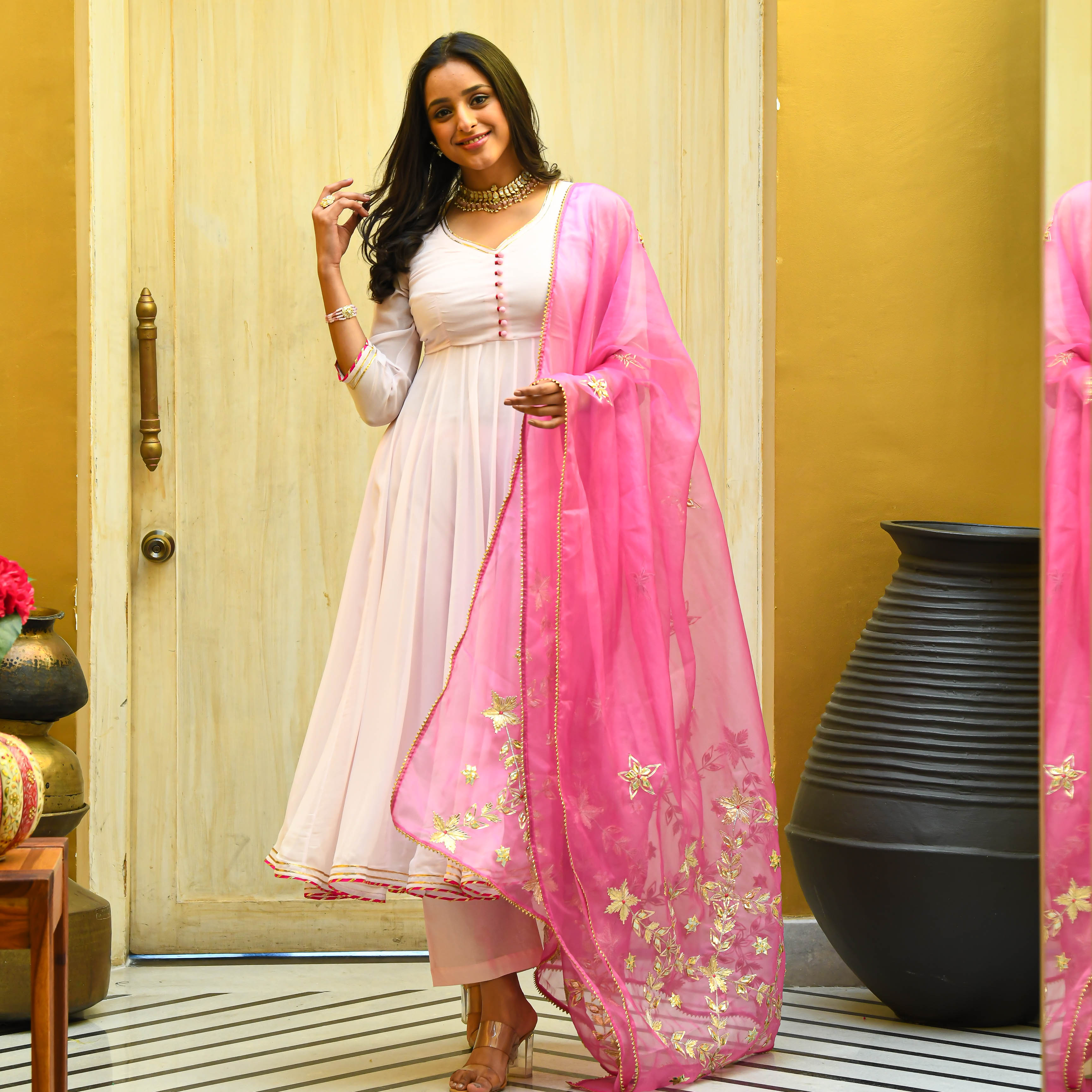 Bunaai Baby Pink Georgette Gota Suit Set