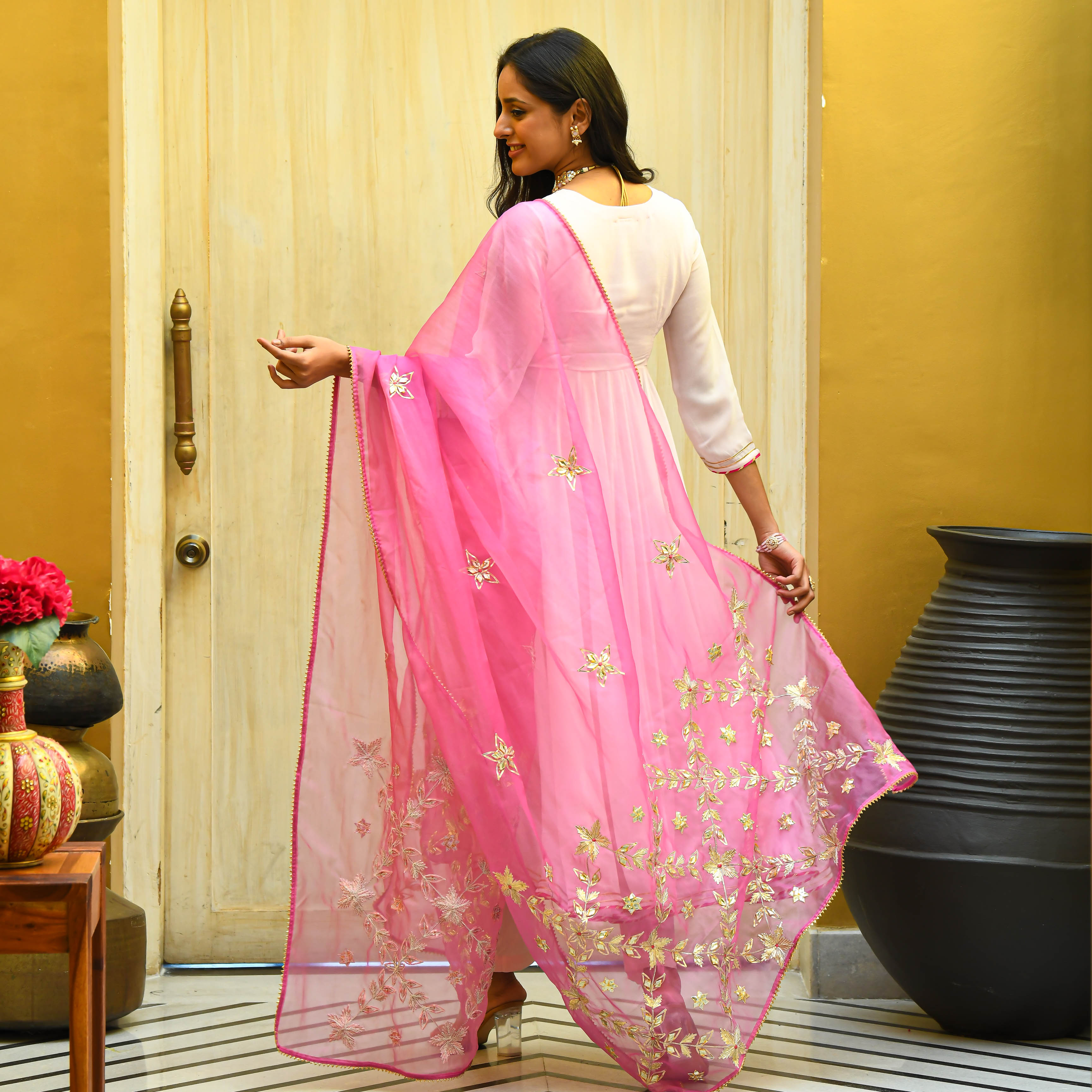 Bunaai Baby Pink Georgette Gota Suit Set