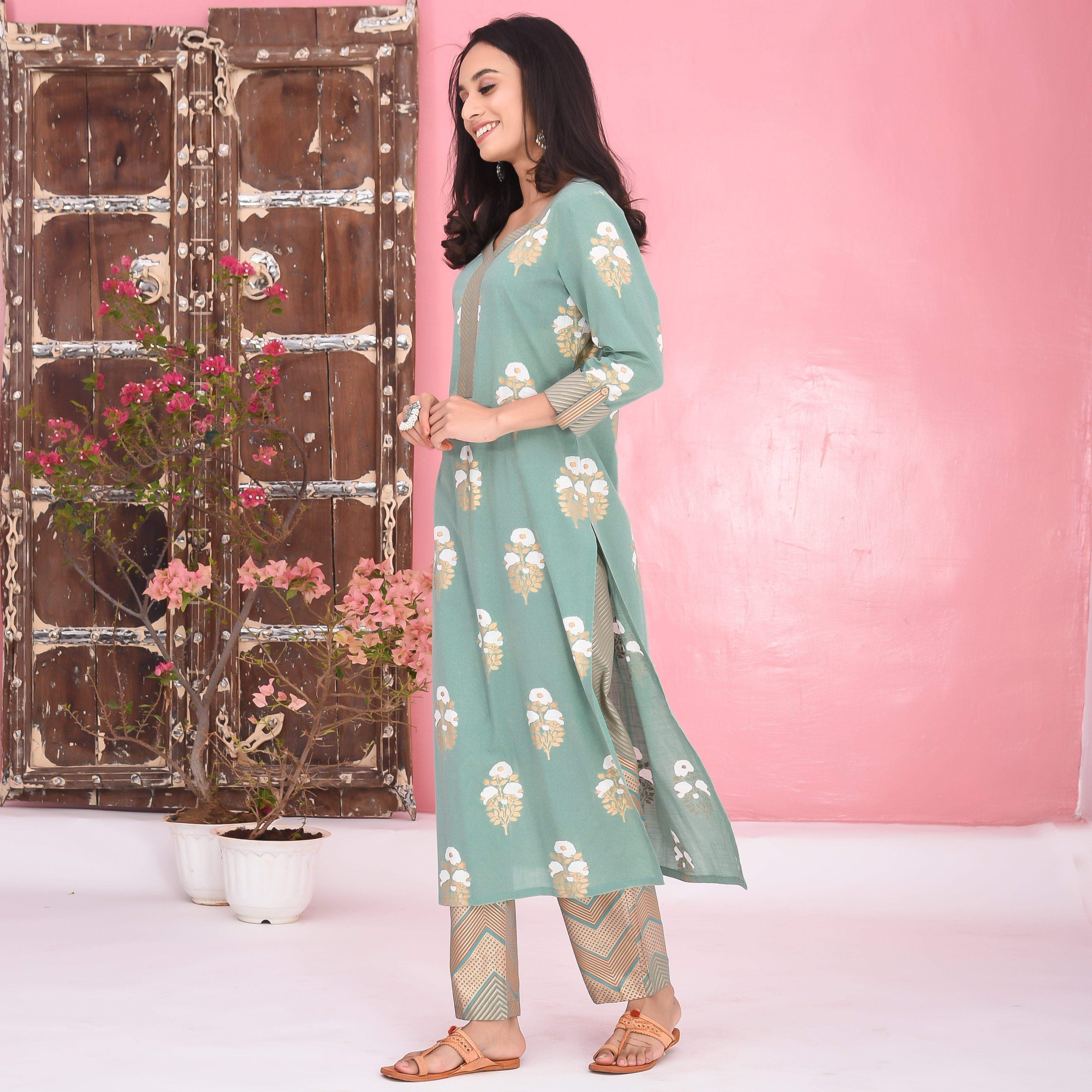 Bunaai Stripes Floral Cotton Kurta Set