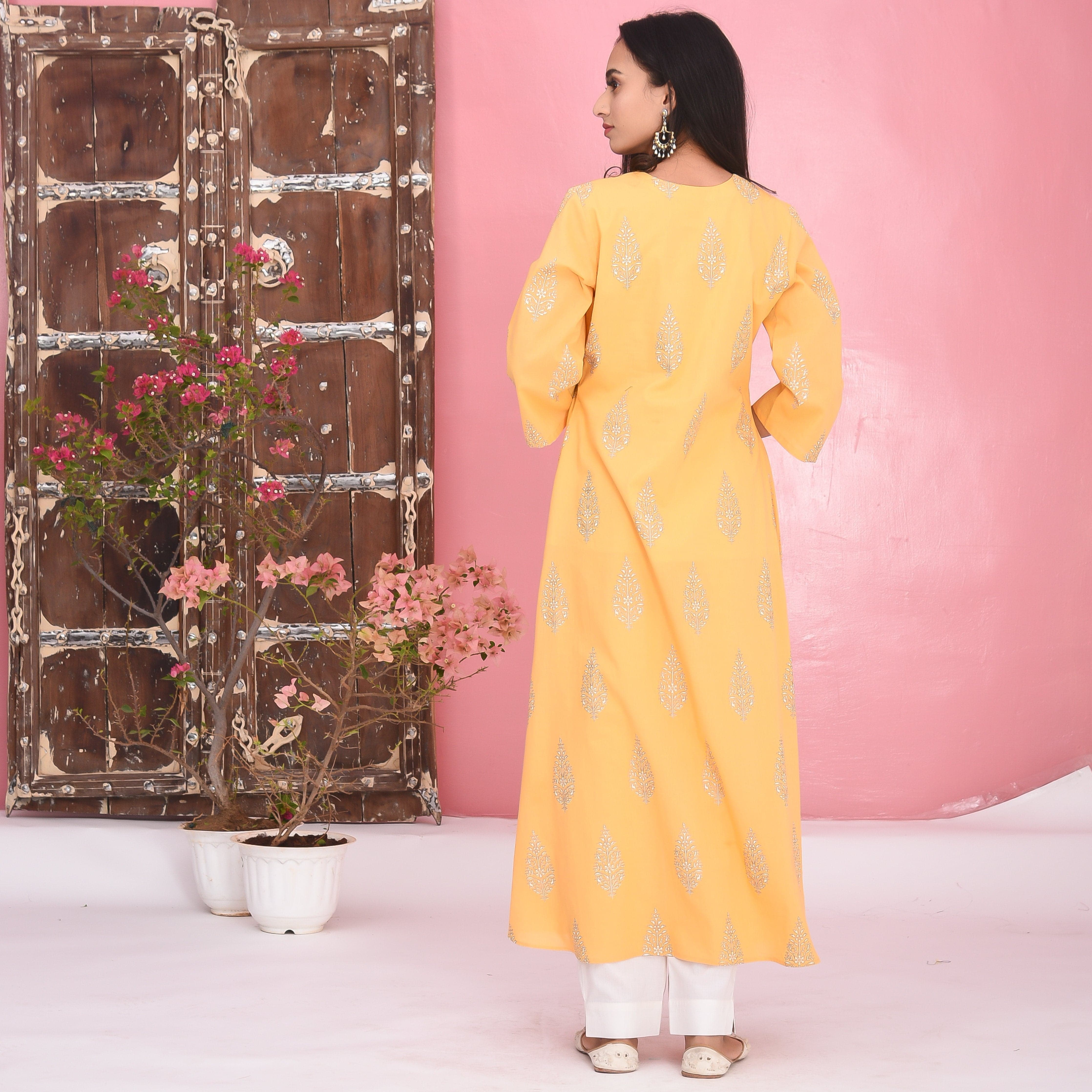 Yellow White Cotton Kurta Set